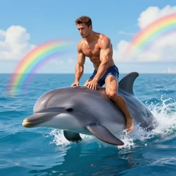 a very muscular man riding a dolphin on a rainbow