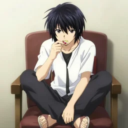 l from death note, crouching on a chair eating sweets, anime cartoon, by takeshi obata trending on artstation, anime