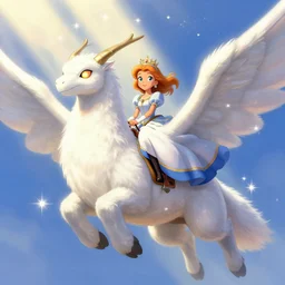 classy amazon princess girl riding on epic looking white fuzzy Falkor, white sparkles sunlight beams, Greg Hildebrandt, Mark Keathley