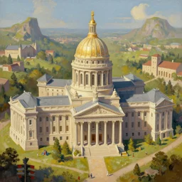 a religious temple modeled after old american government buildings. a place of worship for people who worship the founding fathers. inspiration from christianity, medieval setting. artistic painterly by greg rutkowski and trending on artstation, favorites on deviantart