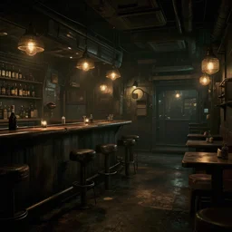 gritty, dimly lit, cyberpunk bar with no people in it. hyperrealism photorealistic photography hyper real resolution cinematic, beautiful, vray, octane render
