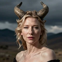 hyperrealistic photograph of cate blanchett , with horns ,
