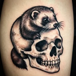 detailed tattoo stencil bold lines, ferret in a human skull