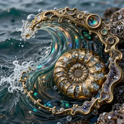art nouveau cresting oil slick waves, bronzed ammonite fossil, hyperdetailed bubbles in a shiny iridescent oil slick wave, ammolite, black opals, rococo, organic rippling spirals, octane render, 8 k 3 d, spirals, glistening seafoam, abalone, ammonite, druzy geode