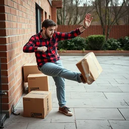 a picture of a man kicking a cardboard box