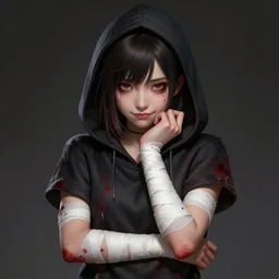 a highly detailed illustration of short hair cute japanese girl wearing blood stained hoodie and bandages on arms, dramatic sadistic smile pose, intricate, elegant, highly detailed, centered, digital painting, artstation, concept art, smooth, sharp focus, league of legends concept art, WLOP
