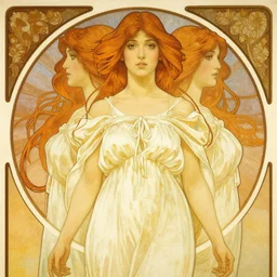 in the style of artgerm, arthur rackham, alphonse mucha, evan rachel wood, symmetrical eyes, symmetrical face, flowing white dress, warm colors