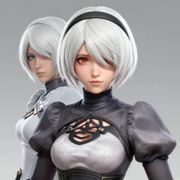 a highly detailed beautiful portrait of tracer from overwatch as 2 b nier automata wearing a skintight suit!!, concept art!!, by gregory manchess, james gurney, james jean