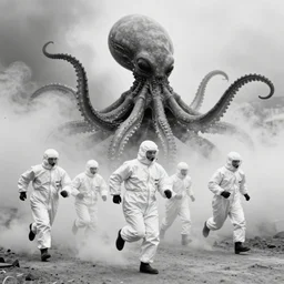 old black and white photo, 1 9 1 3, depicting scientists in hazmat suits running from an alien biomechanical octopus, historical record, volumetric fog