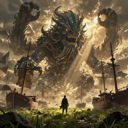dark fantasy scene showing cthulhu the giant sea monster destroying ships, concept art, low angle, high detail, warm lighting, volumetric, godrays, vivid, beautiful, trending on artstation, by jordan grimmer, huge scene, grass, art greg rutkowski