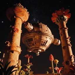 a beautiful up close view of a orbital space habitat, underneath a star filled night sky, warm coloured, gigantic pillars and flowers, maschinen krieger, beeple, film, atmospheric perspective