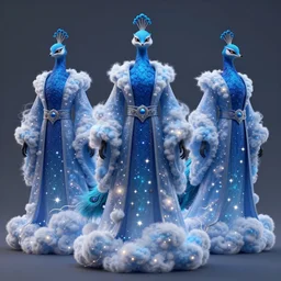3 d character model of a starry blue fox peacock druid wearing magic imbued mage robes made from clouds with fairy lights inside the clouds to resemble stars, cloud mage robes, dungeons and dragons, fantasy art, in the style of the dragon prince on netflix, in the style of the dragon prince on netflix