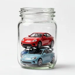 a glass jar against a white background, inside the jar are several motor vehicles, product photography, studio lighting