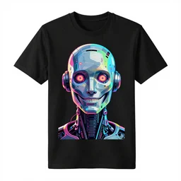 mockup of a black tshirt with a hyperdetailed portrait of a futuristic robot by alex grey, 8 k, symetrical, flourescent colors, happy trippy mood, multicolored,