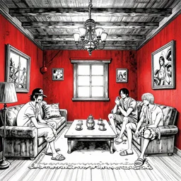 highly detailed ink illustration of the red room in twin peaks, b & w clean shaped illustration by kim jung gi, ron english and eiichiro oda