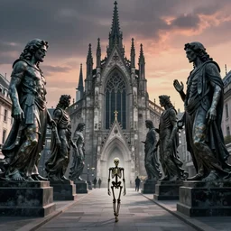 lonely skeleton walking through london city, large statues of gods, Zdzislaw Beksinski, Wayne Barlowe, (H.R giger), gothic, biomorphic, amazing details, dystopian, surrealism, cold hue's, warm tone gradient background