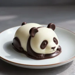 panda of black and white melted chocolate on a dessert plate