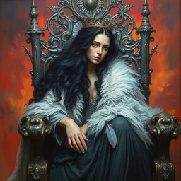 a beautifull intricate painting of a beautiful black haired woman with pale skin and a crown on her head sitted on an intricate metal throne wearing a feathered cloak surrounded by tendrils, vivid colors, artstation, by jeremy mann, by alphonse mucha,