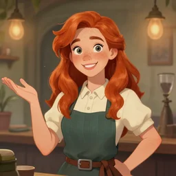 teen, freckeld, orange-red haired Natalie Postman as a  cheerful innkeeper, fantasy concept art by Greg Rutkowski