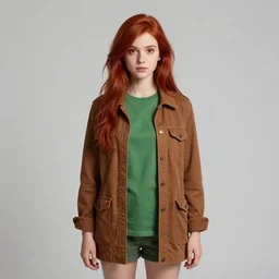 photograph of a full-body shot of an attractive tomboy girl with long, crimson red hair and red eyes, wearing a brown, open jacket and green jeans with a stern look, concept art, character design, by WLOP, by Ross Draws, by Tomine, by Satoshi Kon, by Rolf Armstrong, by Peter Andrew Jones