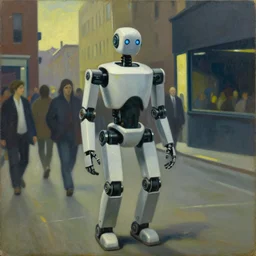 robot parade, dystopian, pj crook, edward hopper, oil on canvas