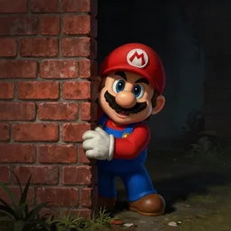 man super mario is in silent hill, hiding behind a brick wall, dark mood, highly detailed, digital painting, artstation, illustration, art by artgerm and greg rutkowski and alphonse mucha