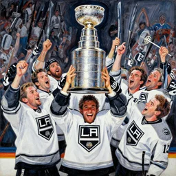 los angeles kings hockey team, 2 0 1 4 stanley cup celebration, la kings, detailed, brilliantly colored, expressionist painting, screenprint of hockey athletes winning the 2 0 1 4 stanley cup, celebration, by leroy neiman