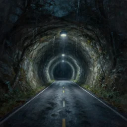 a beautiful landscape painting, a single lane road tunnel with overhead lights, water running down the walls, haunted, spooky, scary, by sam guay, moody lighting, hyperrealism, 4 k, octane render