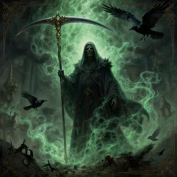 a beautiful and terrifying painting with high details of a fine illustration, wide angle, horizontal composition, centered composition, looking up, grim reaper scythe and ethereal swirling green mist, raven and black cloud, lord of the rings scene, hypermaximalist, elegant, ornate, movie atmosphere, movie lights, 8 k, light effect, rtx on, trending on artstation, byjohn howe and raphael lacoste