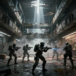 hyper realistic fps game trailer on a abandoned cyberpunk shopping mall, a crew of high tech soldiers are in, cinematic lightning, ray tracing, unreal engine, photorealistic fps game concept art, detailed, dark, moody, foggy