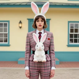 photograph of a woman wearing bunnyprep fashion by wes anderson, bunnyprep, bunny, rabbit