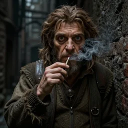 Drug addict hobbit with crazy eyes smoking in a dark alley, ultra realistic, concept art, intricate details, dark, highly detailed, photorealistic, octane render, 8k, unreal engine, art by artgerm and greg rutkowski and alphonse mucha
