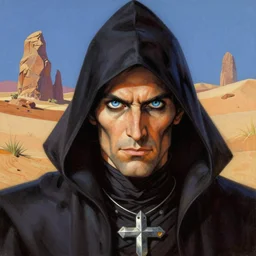a vibrant illustration portrait of a male necromancer with piercing eyes in very detailed desert setting, art by frank frazetta, artgerm, michael whelan, chris riddell, greg rutkowski