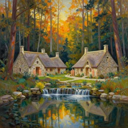 a painting of sparse stone cottages underneath a dense tall forest, with pristine reflex from cascading ponds. gorgeous, elegant, sophisticated, an ultrafine painting, intricate brush strokes, bright depth oil colors, photography by araken alcantara. intense promiseful illumination, autumn sunrise warm light, detailed and intricate environment of hopeful bodyscapes