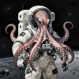 Octopus on a spacewalk, Industrial Scifi, detailed illustration, techwear, Chiaroscuro, character portrait, by Martin Grip and Moebius