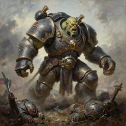oil painting of giant conquering orc beast in full tactical armor roars as it steps over it's fallen enemy's bodies