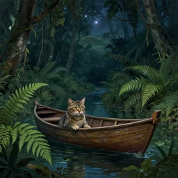 cat in a boat, ferns, jungle, night, stars, highly detailed, unreal engine render concept art, style of henri rousseau and howard arkley