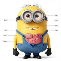 Detailed anatomical diagram of a Minion, with organs labeled. Medical textbook, Detailed, HQ