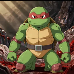Screenshot of the Japanese Shonen Anime TMNT OVA, vhs filter, cel animation, bloody
