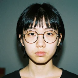 androgynous asian girl, small eyes, circular glasses, two block haircut with bangs, fleshy nose, feminine eyes, thin lips, clean shaven, 3 5 mm film, portrait by annie liebovitz