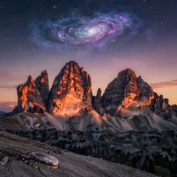 photography on to op of dolomites at sunset in the style of super mario galaxy