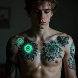a young man has beautiful glowing tattoos on his chest and shoulders, that are strange, but also reflect his innermost thoughts and feelings by cassius marcellus coolidge and charles addams, style of telephoto lens