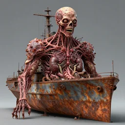 technobiological rusty warship consisting of tumors, veins, meat, kidneys, entrails, guts, skin, blood, eyes. biopunk, bodyhorror, high detail, photorealism, full length view, very rust, concept art, art by hermann nitsch, dariusz zawadzki