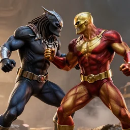 predator fighting with omniman, photo realistic, high detail, dynamic lighting