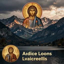 lakeside mountains, byzantine icon
