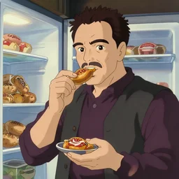 Tony Soprano eating gabagool out of the fridge, style: (hayao miyazaki, studio ghibli)