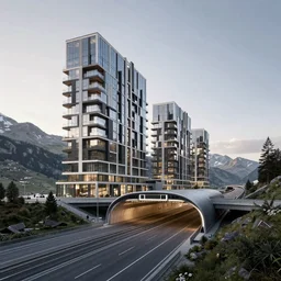 modern bjarke ingels condo building and gotthard tunnel entrance combined, highway under bjarke ingels condo building, wide establishing shot, soft dramatic lighting, sharp focus, 4 k digital camera