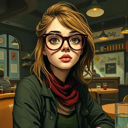 a nerdy young woman with big glasses in a cafe, portrait, wide shot, moody light, dark colors, illustration, pop art, splash painting, graphic novel, art by geof darrow, ashley wood, alphonse mucha