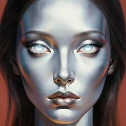 close up sci - fi hippie poster art simon stalenhag headlight eyes, chrome shiny skin, elegant, highly detailed, centered, digital painting, concept art, smooth, sharp focus, illustration, artgerm, tomasz alen kopera, peter mohrbacher, donato giancola, joseph christian leyendecker, wlop, frank frazetta