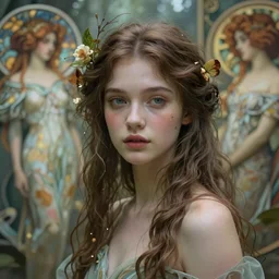beautiful young goddess by zdzisław beksinski, iris van herpen, jean delville, jeffrey smith, martine johanna, and alphonse mucha, detailed whimsical ethereal beautiful face portrait, shallow depth of field octane render, beautifully lit, ai biodiversity, otherworldly